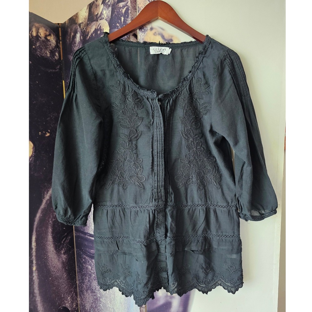 Velvet by Graham & Spencer Black Embroidered Lace Trim Peasant Blouse Small